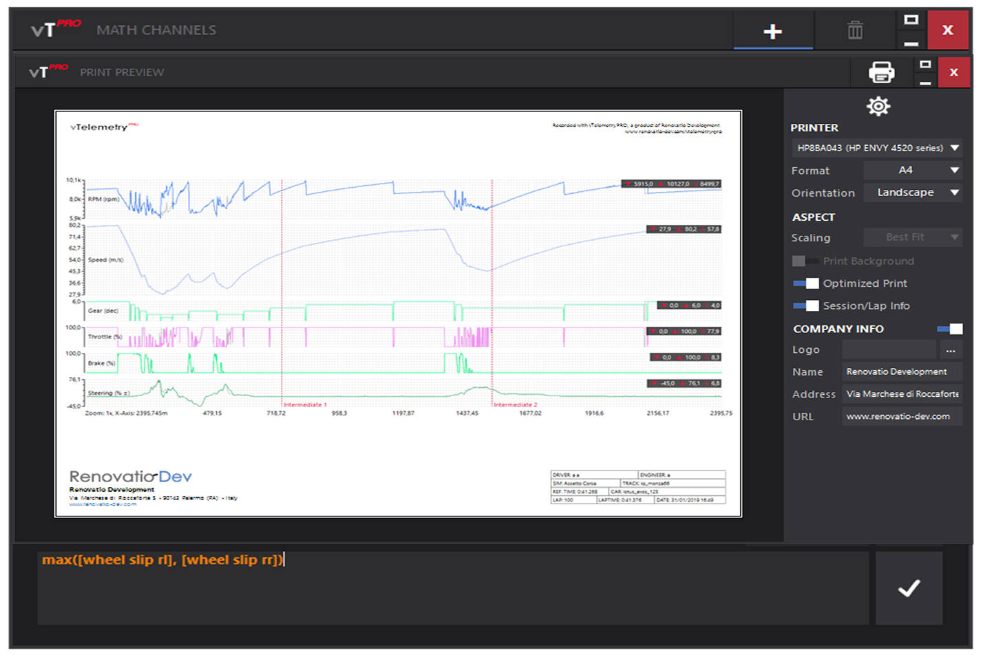 Diagramm zeigt Telemetriedaten für Racing Unleashed mit Geschwindigkeits- und Bremskurven auf Bildschirm.