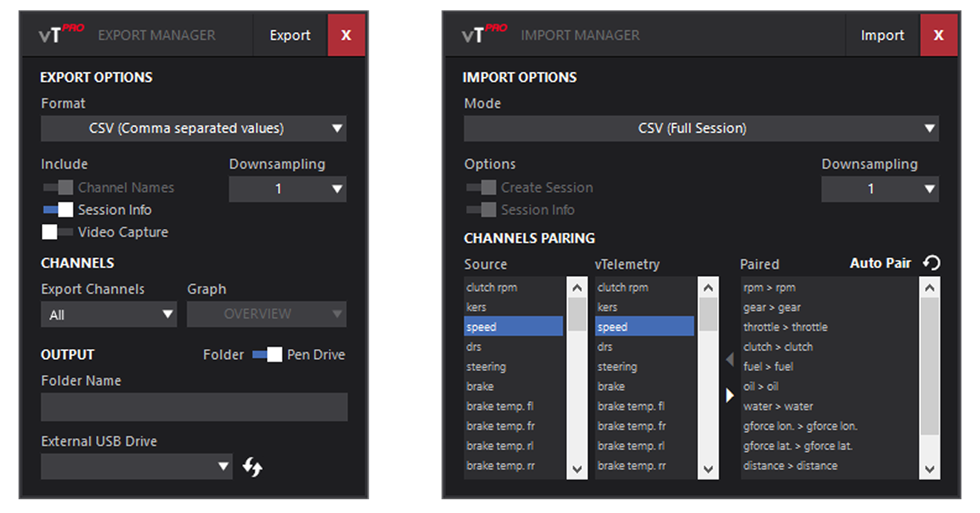 Software-Schnittstelle für Datenexport und -import bei Racing Unleashed, zeigt CSV-Optionen und Kanäle.