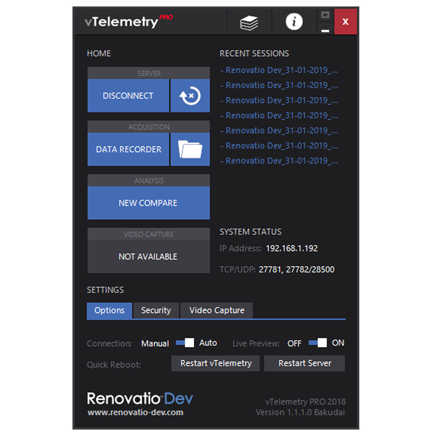 Benutzeroberfläche der Software vTelemetry PRO von Racing Unleashed, zeigt Verbindungs- und Sitzungsoptionen.