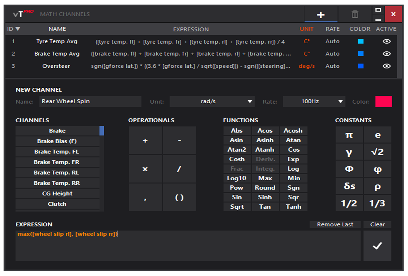 Software-Oberfläche zeigt mathematische Kanäle und Berechnungen, relevant für Racing Unleashed.