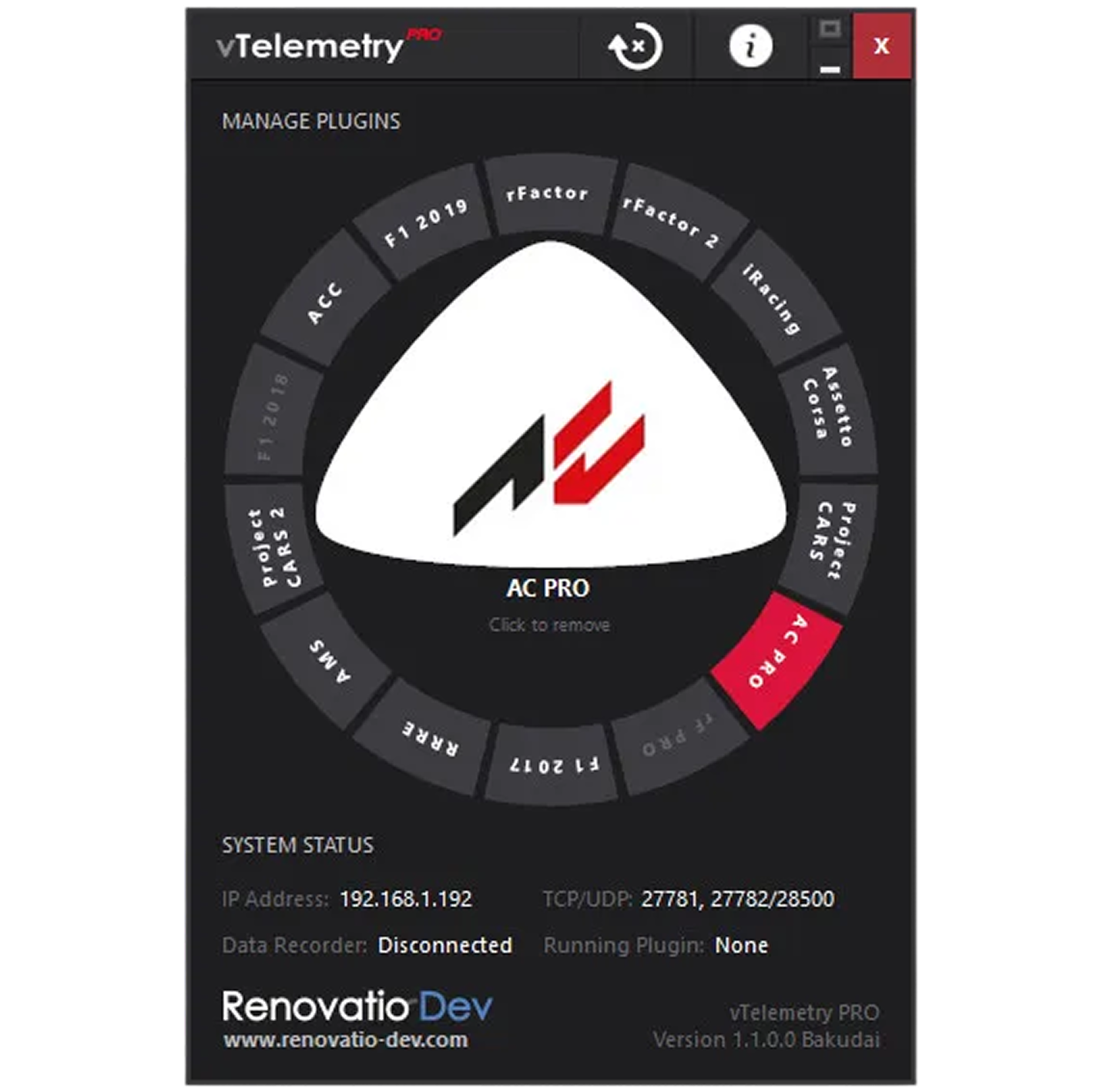 Software-Oberfläche von Racing Unleashed zur Verwaltung von Plugins und Systemstatus-Anzeige.