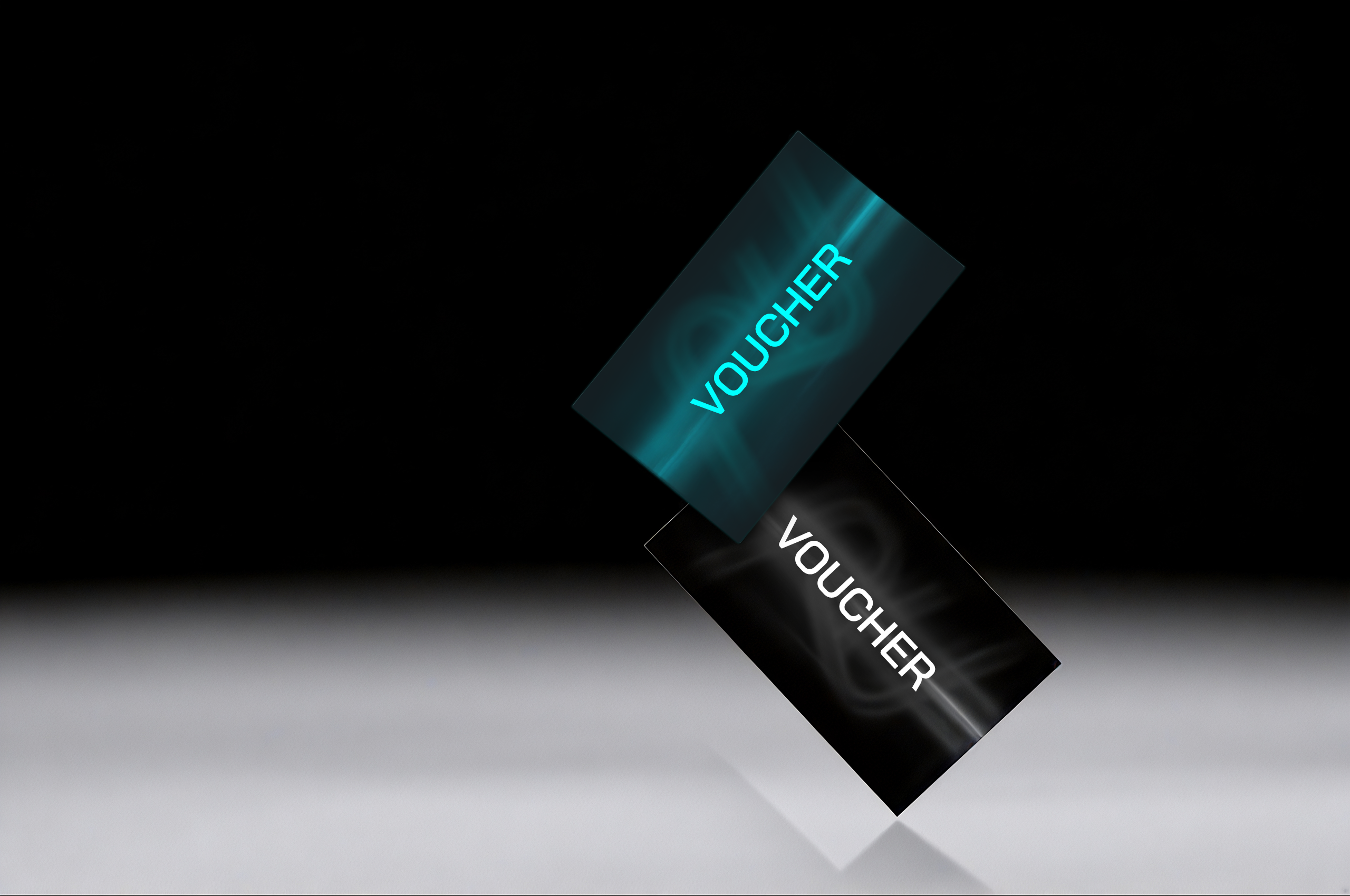 Zwei schwebende Gutscheinkarten von Racing Unleashed vor schwarzem Hintergrund.