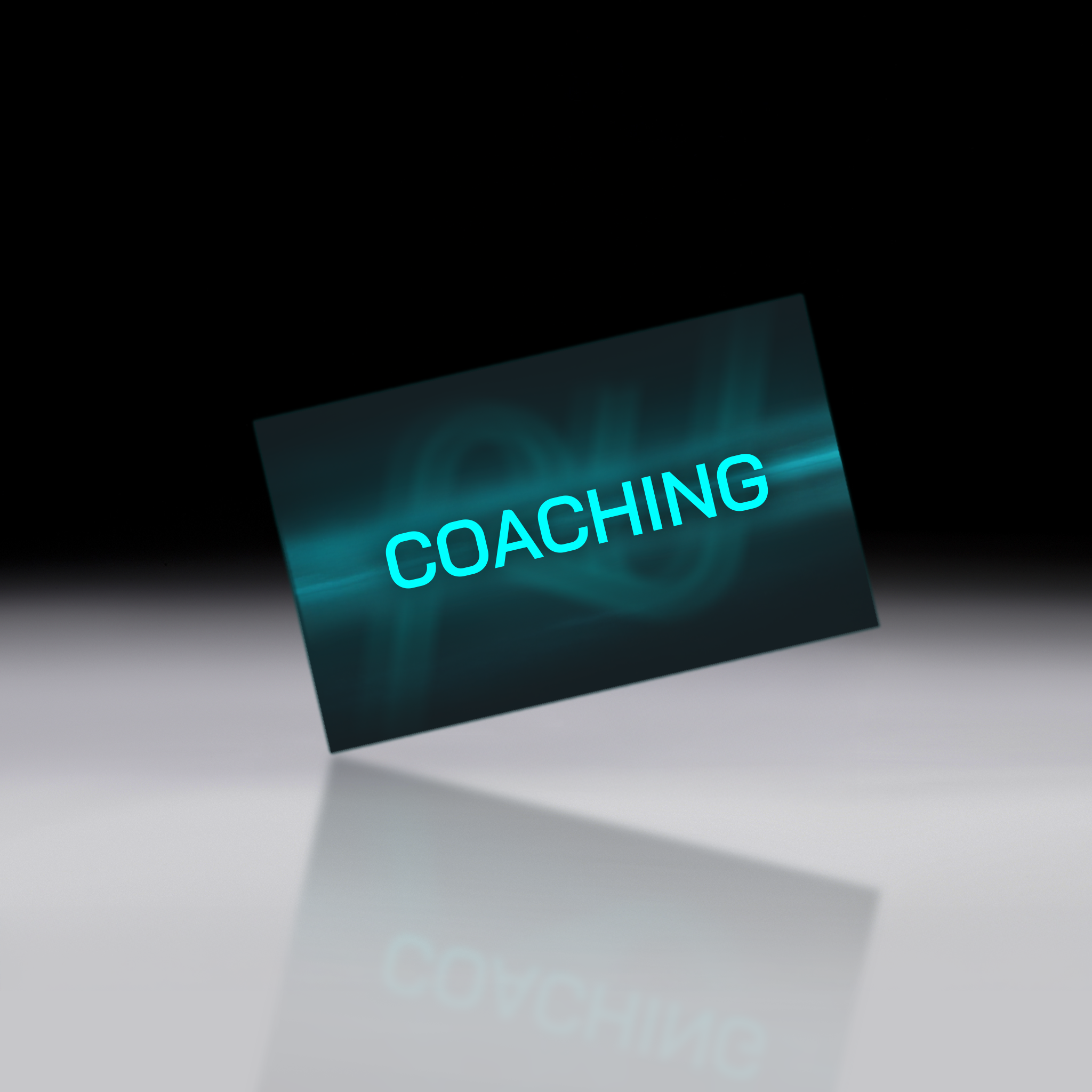 Glowing 'COACHING' voucher on a reflective surface with a dark background