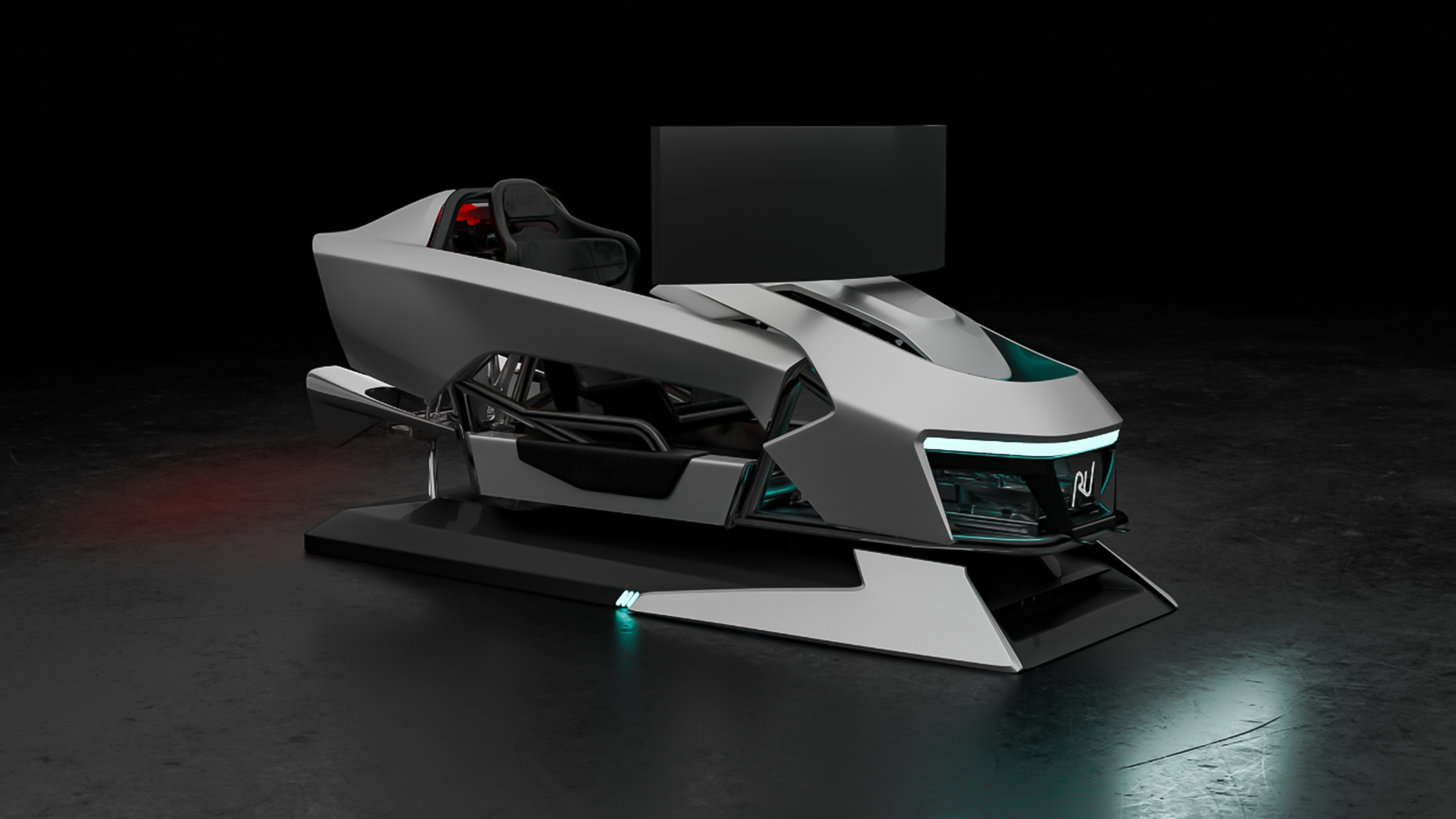 Moderner Rennsimulator von Racing Unleashed mit futuristischem Design und ergonomischem Sitz.