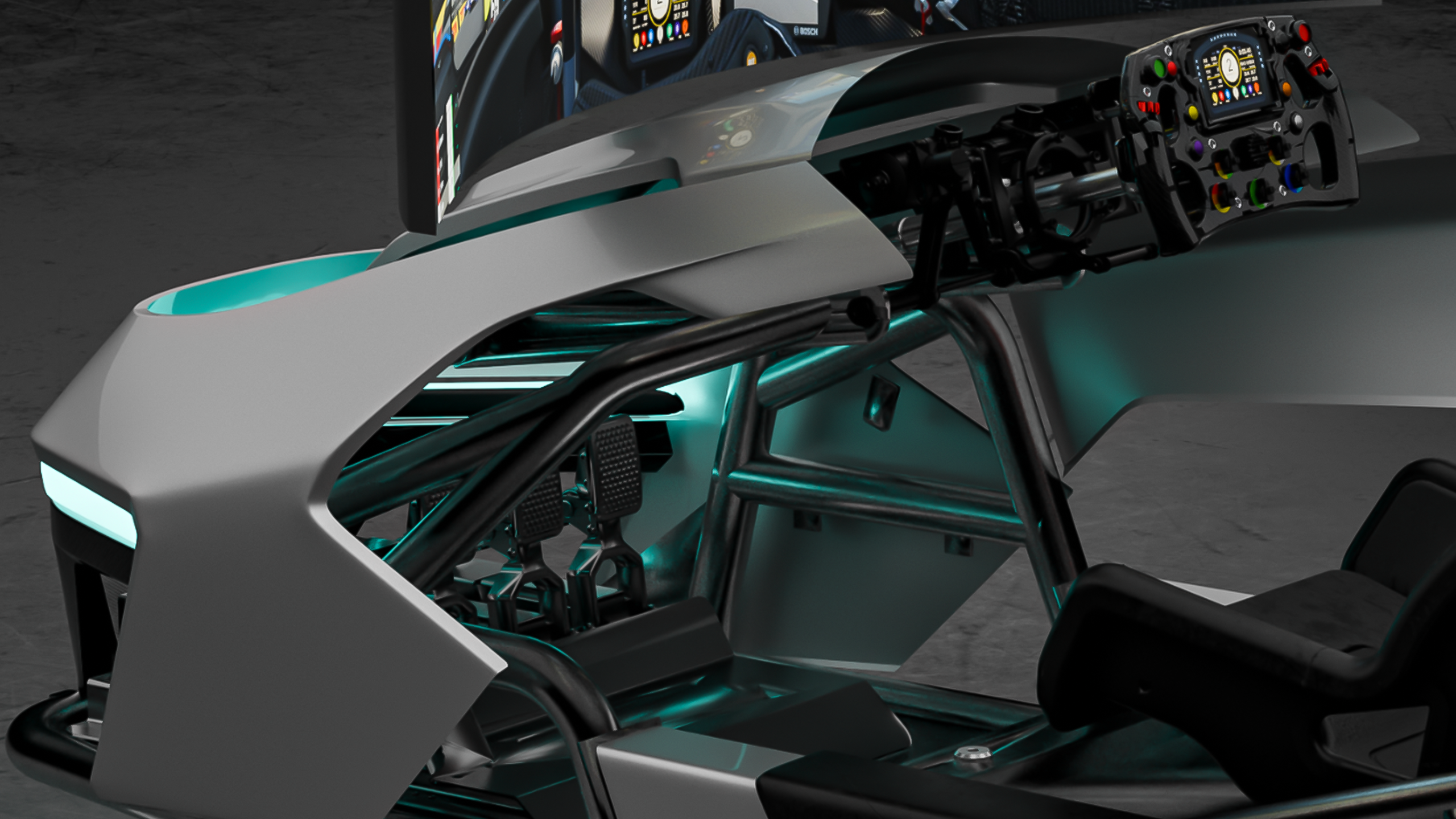 Moderner Rennsimulator von Racing Unleashed mit Lenkrad und Pedalen in futuristischem Design.
