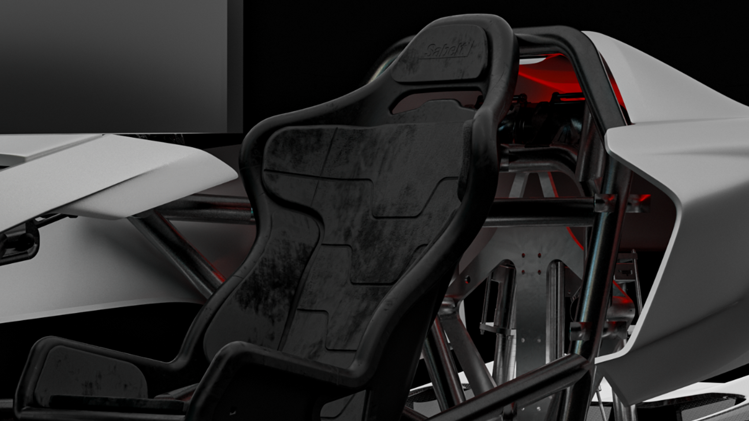 Ein schwarzer Rennsimulator-Sitz von Racing Unleashed in futuristischem Design.
